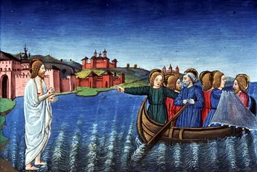 Fol.134r Lärjungarna fiskar i Galileiska sjön (vellum)
