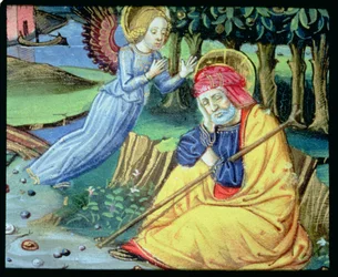 Fol.37v En ängel säger till Josef att Maria är med barn (vellum)