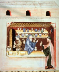 Fol.53v Beredning och försäljning av timjan, illustration från Tacuinum Santiatis Codex Vindobonensis
