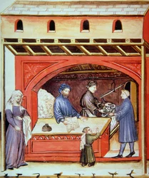 Fol.62v Säljer salt, illustration från Tacuinum Santiatis Codex Vindobonensis