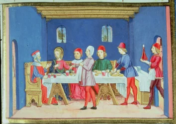 Fol.75v Jesus under måltiden i fariséens hus frågar om han får bota på sabbaten (vellum)