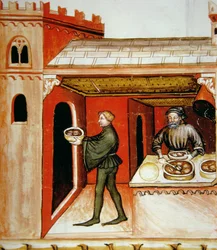 Fol.76r Meat and its Jelly, illustration från Tacuinum Santiatis Codex Vindobonensis