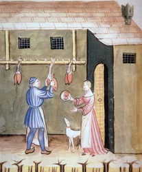 Fol.78v The Butchers: Selling Animal Hearts, från Tacuinum Sanitatis Codex Vindobonensis