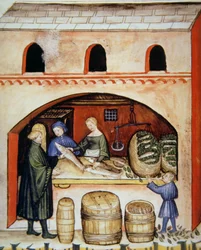 Fol.82v Salted Fish, illustration från Tacuinum Santiatis Codex Vindobonensis