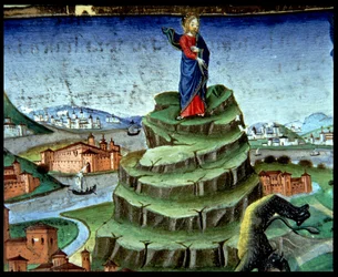Fol.84r Djävulen frestar Kristus för andra gången på berget (vellum)