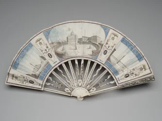 Fällbar fläkt med utsikt över monumenten i Rom, ca 1780-1790-talet