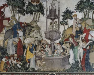 Fountain of Youth, detalj från Fountain of Youth, fresk i Baronial Hall, Castle of Manta, Saluzzo, Piemonte, Italien