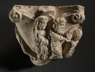 Fragment av en huvudstad med scener från Marias barndom, verkstad i katedralen i Monopoli, tidigt 1100-tal