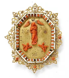 Ram som föreställer Jungfrun Immaculate, Trapani, mitten av 1600-talet (förgylld koppar, emalj och korall)