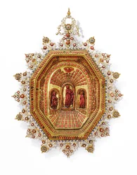 Ram som föreställer Jungfru Maria, Trapani, tidigt 1600-tal (förgylld koppar, emalj och korall)