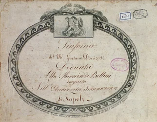 Frontispices detalj av "Symfoni i Ess-dur: tillägnad minnet av Bellini" av Gaetano Donizetti (1797-1848).