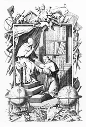 Frontispice för Sacred-Profane Universal Library, Vol. 1 av Vincenzo Coronelli, tryck gjord av Alessandro dalla Via, publicerad 1701