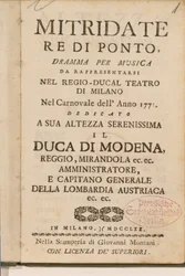 Frontispice från en tidig kopia av Mitridate, re di Ponte, en opera av Wolfgang Amadeus Mozart, 1770