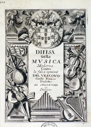 Frontispice of Defense of modern music: against the falsk åsikt från biskop Cirillo Franco, av kung James IV av Portugal