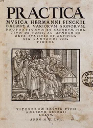 Frontispice of Practica musica av Hermann Finck (1527-1558), tysk kompositör och musikteoretiker