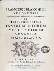 Frontispice av "" av Tribe Instrumentorum Musicae Veterum"" verk om gamla musikinstrument av Francesco Brea