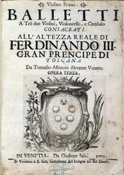 Frontispice av partitur av Balletti a tre, opera III av Tomaso Albinoni (1671-1750)