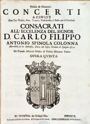 Frontispice av musikaliska partitur av "Concerti a cinque, opera 5" av Tomaso Albinoni