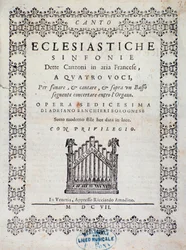 Frontispice av partitur av Concerto 5 i "" franska sånger "" av Adriano Banchieri