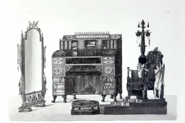 Möbler i grekisk stil från arkitektoniska dekorationer av Gaetano Landi, graverade av G. DArgenzio, 1810