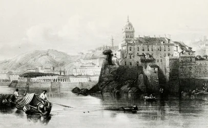 Mur i Genuas småbåtshamn med Villa Doria Pamphili i bakgrunden, gravyr, ca 1850, Italien
