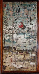 Gud skapar Adam, djur, mark, himmel och vatten Trämålning som dekorerar en skåppanel av den antika sakristian i Bramante (målning i sakristian i Bramante) Basilica di Santa Maria delle Grazie, Milano, Italien