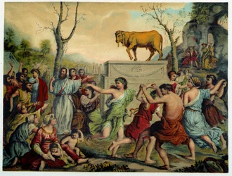 Guldkalv i "Gyllene klassiska Bibeln: historia om gudomlig uppenbarelse i det gamla och i det nya strävan" av Giovanni Ladislao Sykora (bd 1), översatt av Don Clemente Benetti. (Italiensk bibel)