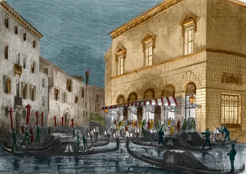 Gondoliers väntar på åskådare utanför Teatro La Fenice, Venedig, Italien, från Le Monde Illustre n°564, 1868