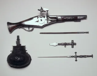 Vapengrupp: Wheellock Pistol, Winding Key, Powder Flask och Stiletto