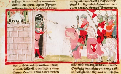 Guelfs blockerar Ghibellines från att återinträda i staden, miniatyr från Cronica (Chronicles) av Giovanni Villani, manuskript, Italien 1300-talet.