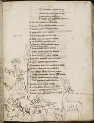 Harley 2453, f.55 En jaktscen med en galt, en hjort, jägare, hundar och en hare, från 