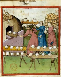 Hälsomanual: baka bröd. Miniatyr av manuskriptet "Tacuinum Sanitatis", Lombardiet, 1300-talets tredje kvartal. Paris, B N