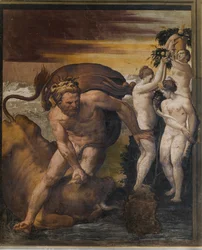 Hercules dödar den kretensiska tjuren, från Gula rummet, Rocca Meli Lupi, Soragna, Parma