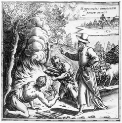 Hippokrates (c.460-c.377 f.Kr.) förklarar vikten av smitta i pestepidemin, titelsida från Hippocratis Opera Quae Extant, pub. i Venezia, 1588