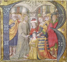 Historikerad initial B som visar Kristus som helar en besatt kvinna