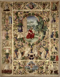 Historikerad initial B som föreställer kung David som spelar en viola