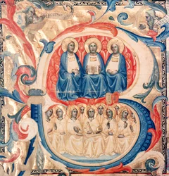 Historikerad initial B som visar treenigheten och Kristus omgiven av änglar, Bolognese School, c.1340-50