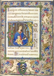 Historierad initial "D"(omine) med jungfru och barn, timbok, Roms bruk