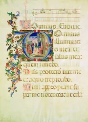Historikert initial "D" som visar kung David på en tron som talar till en grupp män (vellum)