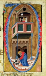 Historikert initial D som visar scener från Legend of a Saint, sent 1300-tal,