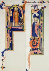 Historikerad initial F som föreställer ett biskopshelgon som välsignar en ung krympling och jag föreställer en profet, den florentinska skolan