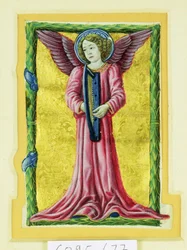 Historikert initial "jag" som visar en ängelmusiker som spelar en harpa (vellum)