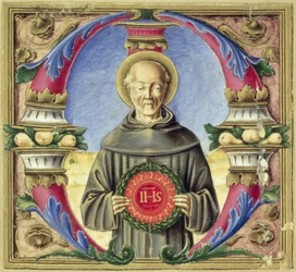 Historikert initial "M" som föreställer St Bernardino av Siena (vellum)