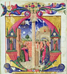 Historikert initial "M" som visar bebådelsen, c.1475 (vellum)