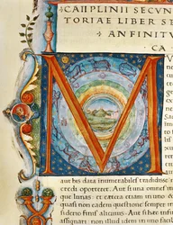 Historikert initial "M" som visar himlen och zodiakens tecken, från "Naturalis Historia" av Plinius den äldre (vellum)