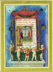 Historikert initial "P" som skildrar korsfästelsen, sida från en timbok (vellum)