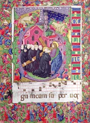 Historikerad initial "Q", föreställande Kristus som håller korset av St. Benedikt och benediktinermunkarna, från Venedig, ca 1440 (vellum)
