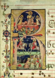Historikert initial R som visar uppståndelsen, två riddare och ett biskopshelgon som tar emot reliker