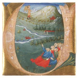 Historikerad initial föreställande Elisa i Elias mantel, utskuren från ett antifonarium, ca 1440 (tempera & bladguld på pergament)