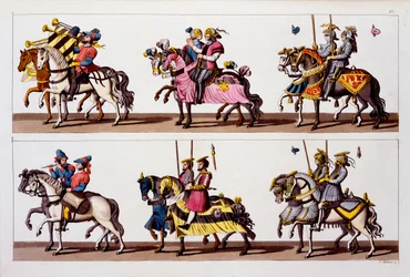 Heliga romerska riket: Deltagare i en turnering på slottet i Luxemburg på Maximilian I:s tid, från Costumi dei Romani, Svizzeri.. c.1800-18